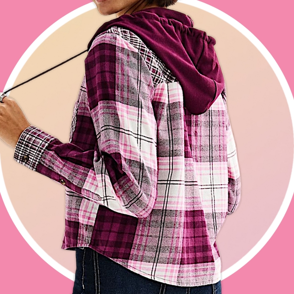 NWT 2XL Cropped Plaid Button Up Hoodie w 2 Pockets & High Low Hemline - Picture 12 of 16